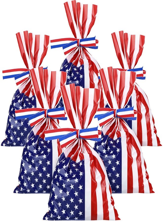 Tenare 100 Pcs Patriotic Gift Cellophane Bags Bulk Plastic Red White Blue American Favor Flag Cellophane Bags 4th of July Treat Goodie Candy Pouches with Ribbon for Veterans Party Favors - Image 1